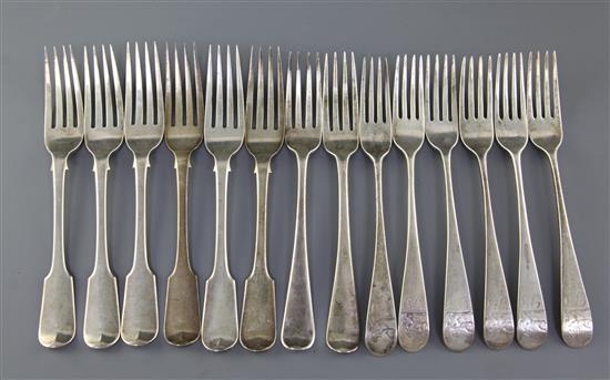 A set of six George III silver fiddle pattern table forks by Josiah & George Piercy, & 8 other table forks.